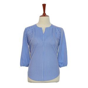Womens Silky Blouse Blue White Striped 3/4 Sleeve V-Neck Loose Casual Top Large